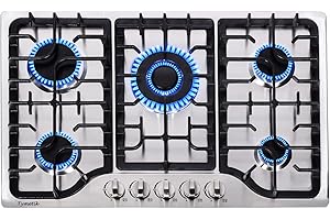 Tymetik 30 Inch Gas Cooktop, 5 High Efficiency Burners Gas Stovetop Built-in Stainless Steel Gas Stove Propane/Natural Gas Convertible Gas Hob