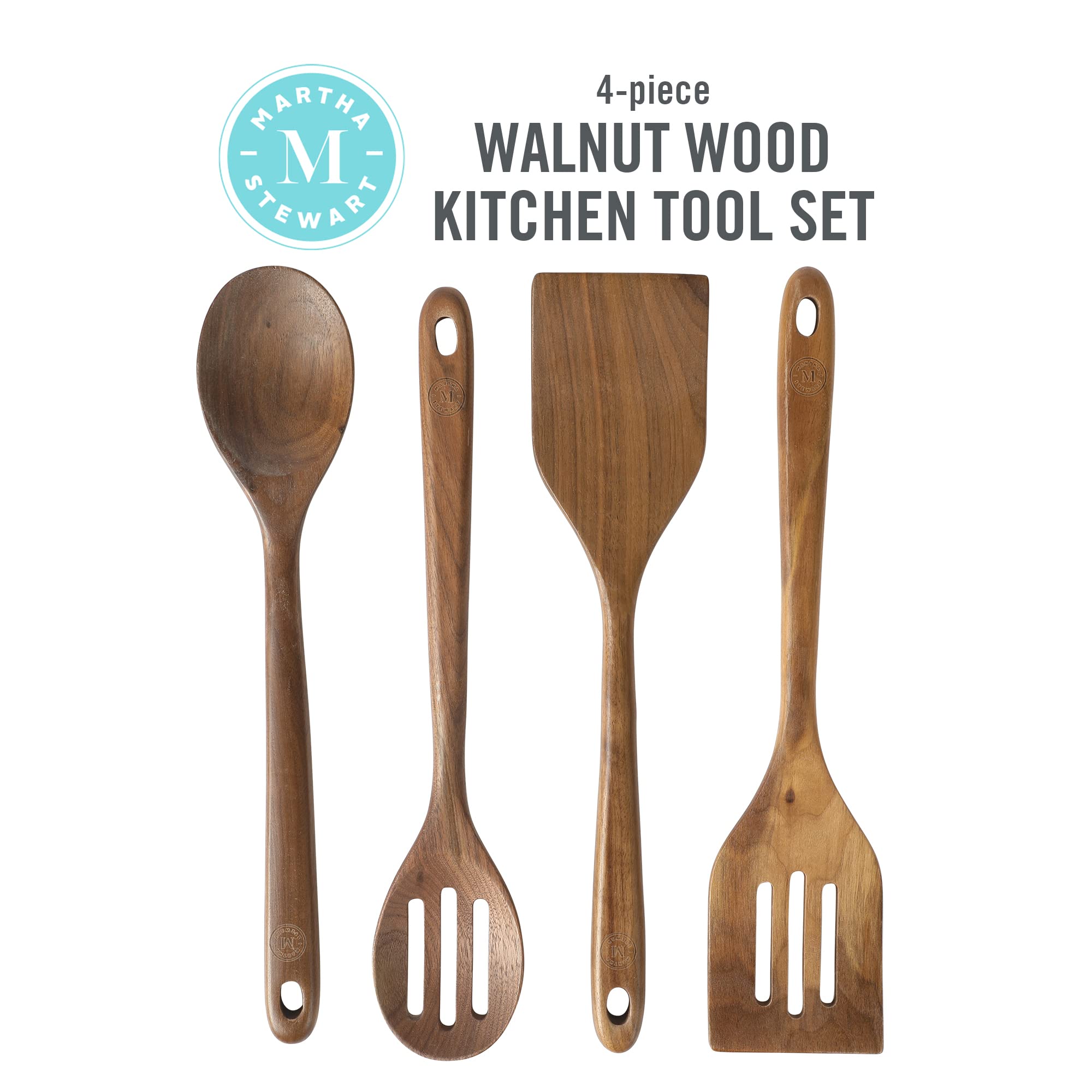Martha Stewart Bainford 4-Piece Wooden Kitchen Utensil Set, Walnut – Cooking Spoons and Turner Tools for Nonstick Cookware, Heat Resistant, Durable Hardwood