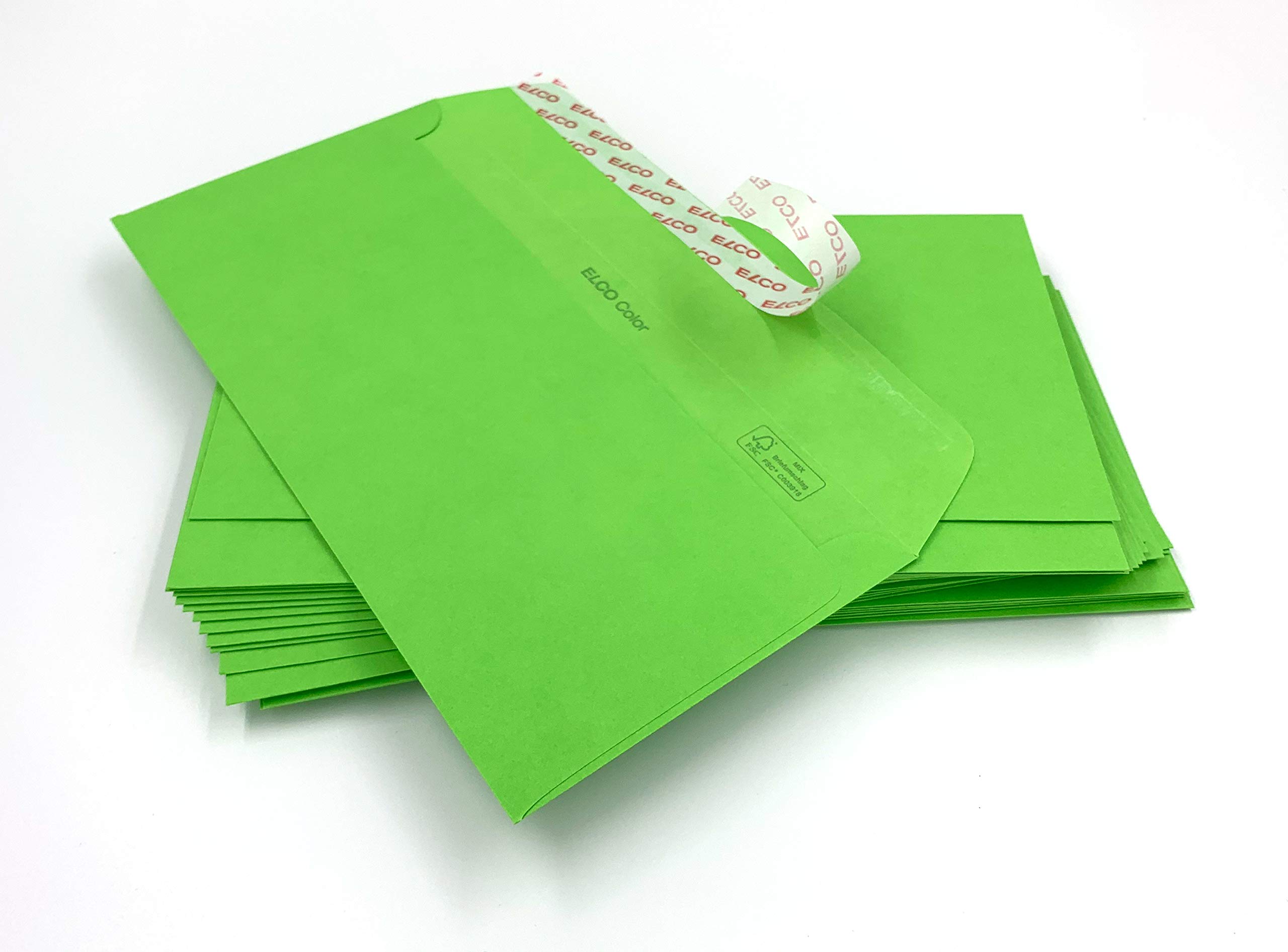 100 Envelopes, Light Green, Deep Green, Apple Green, Spring Green, from Elco, 229 x 114 mm, Peel and Seal, 100 g/m²