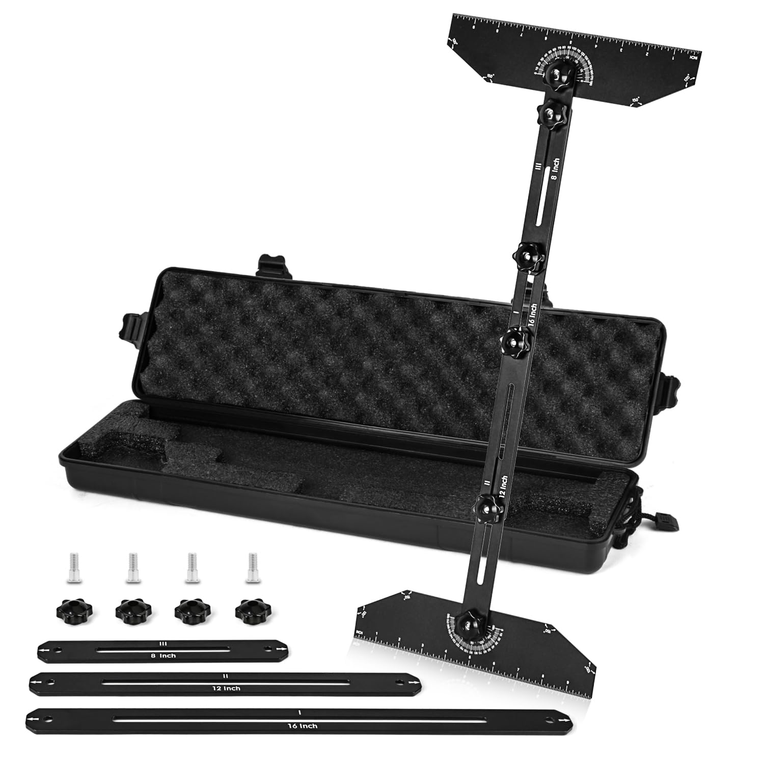 Photo 1 of Stair Tread Template Tool-PMMJ Framing Square Stair Tread Gauge Aluminum Alloy Measuring Tool Jig for Stairs,Risers,Partitions,Adjustable Sliding Installer with Black Storage Box(Black)