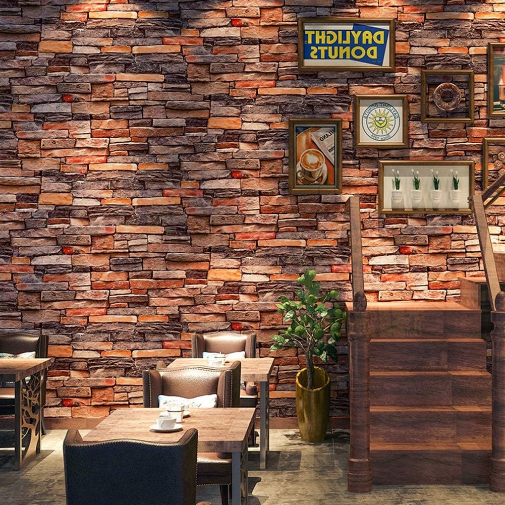 Hot Memory Vintage Stone Brick Effect Wallpaper, 3D Embossed PVC Wallpaper(20.9" Wide x 393" Long), for Bedroom Living Room TV Background Home Decor,Red