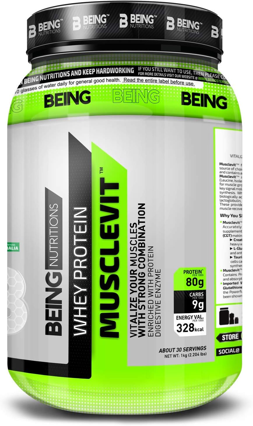 Being Nutritions - MUSCLEVIT – Pure Whey Protein with Taurine + Creatine + L-Glutamine + Digestive Enzymes + Dietary…