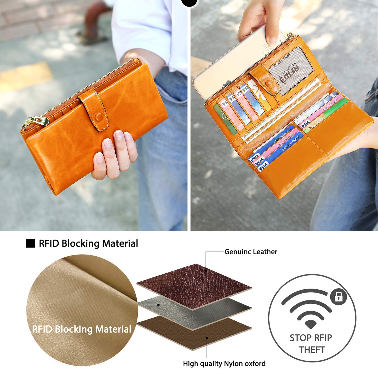 Wallets for Women RFID Bifold Blocking Womens Wallet Large Capacity Minimalist with Zipper Pocket Luxury Wax Genuine Leather Phone Passport Clutch Wallet Wristlet Ladies Purse (Bright orange)