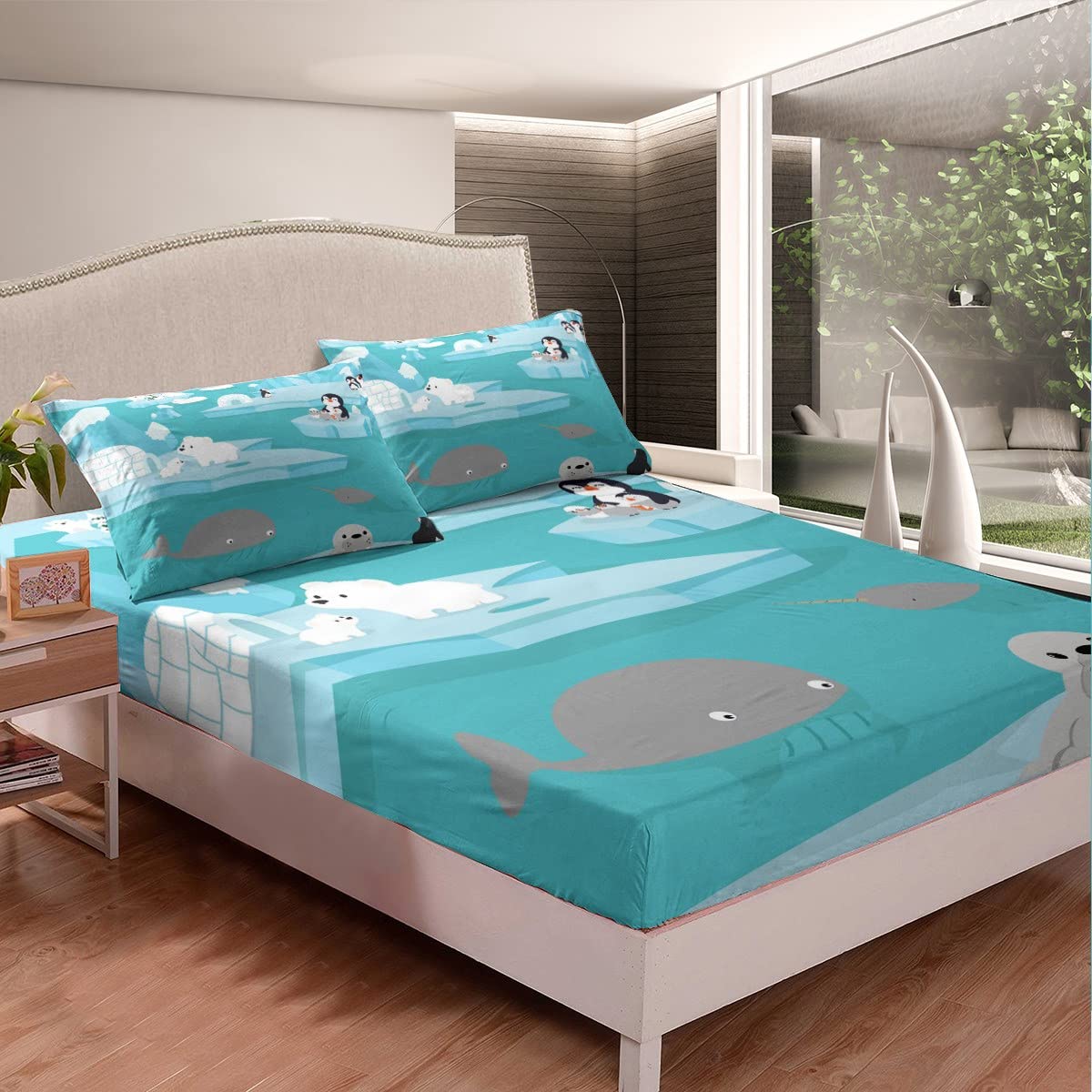 Cartoon Whale Penguin Bedding Sheet for Girls Boys Unicorn Dolphin Fitted Sheetative Ocean Marine Blue Sea Creatures Double Size 3Pcs