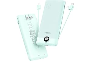 VEGER Portable Charger with Built-in AC Plug and Cables, All in One 10000mAh Ultra-Slim Power Bank, 15W Fast Charging for iPhone, Samsung, Android, Travel Essential (Coffee)