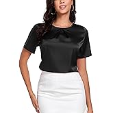 Wantschun Womens Silk Satin Shirt Casual Short Sleeve Blouse Basic Round Neck Pleated Work Tops