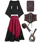 Hillban Women Medieval Renaissance Dress Costume Halloween Blouse Top Skirt Pouch Bottle Corset Belt