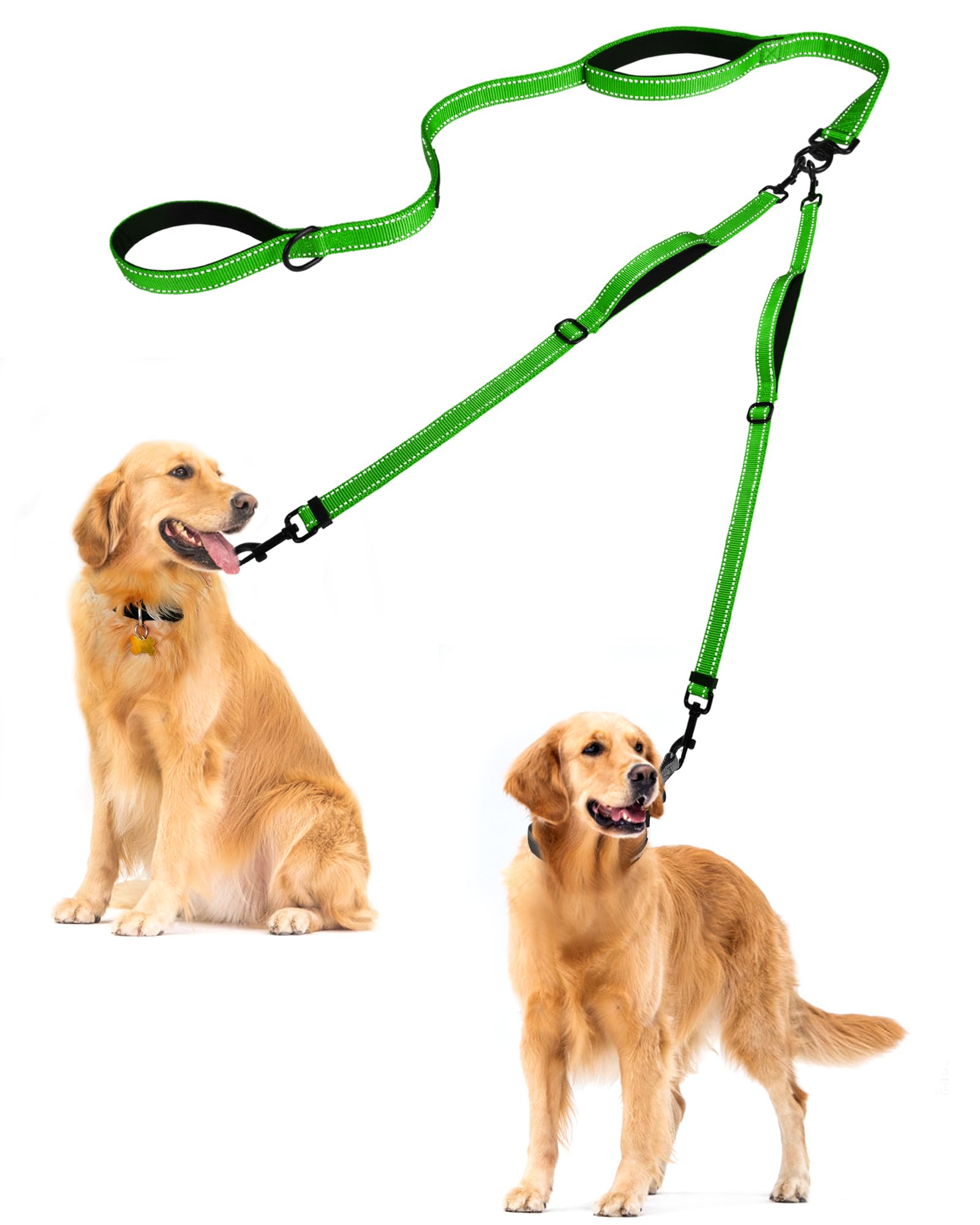 PetBonus Double Dog Leash, No Tangle Dual Leash, Reflective Walking Training Lead, 4 Comfortable Padded Handles for 2 Dogs with Collapsible Bowl and Waste Bags (Grass Green, Large)