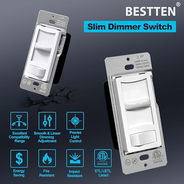 BESTTEN 6 PACK SUPER SLIM DIMMER SWITCH, SINGLE POLE OR 3-WAY, DIMMABLE LIGHT SWITCH FOR LED, CFL, HALOGEN AND INCANDESCENT BULBS, ETL LISTED, WHITE