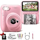 Instant Print Camera for Kids, 3.0" HD 32MP Kids Camera 1080P with 3 Rolls of Printer Paper, Birthday Gifts Toy for 3-12 Year Old Girls Boys with 32GB SD Card-Pink