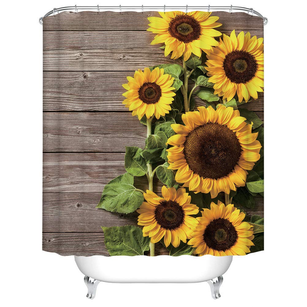 Fangkun Sunflower Shower Curtain - Wood Rustic Floral Spring Blooming Flower Plank Primitive Country Bath Curtains Set - 12PCS Shower Hooks - 72 x 72 inches