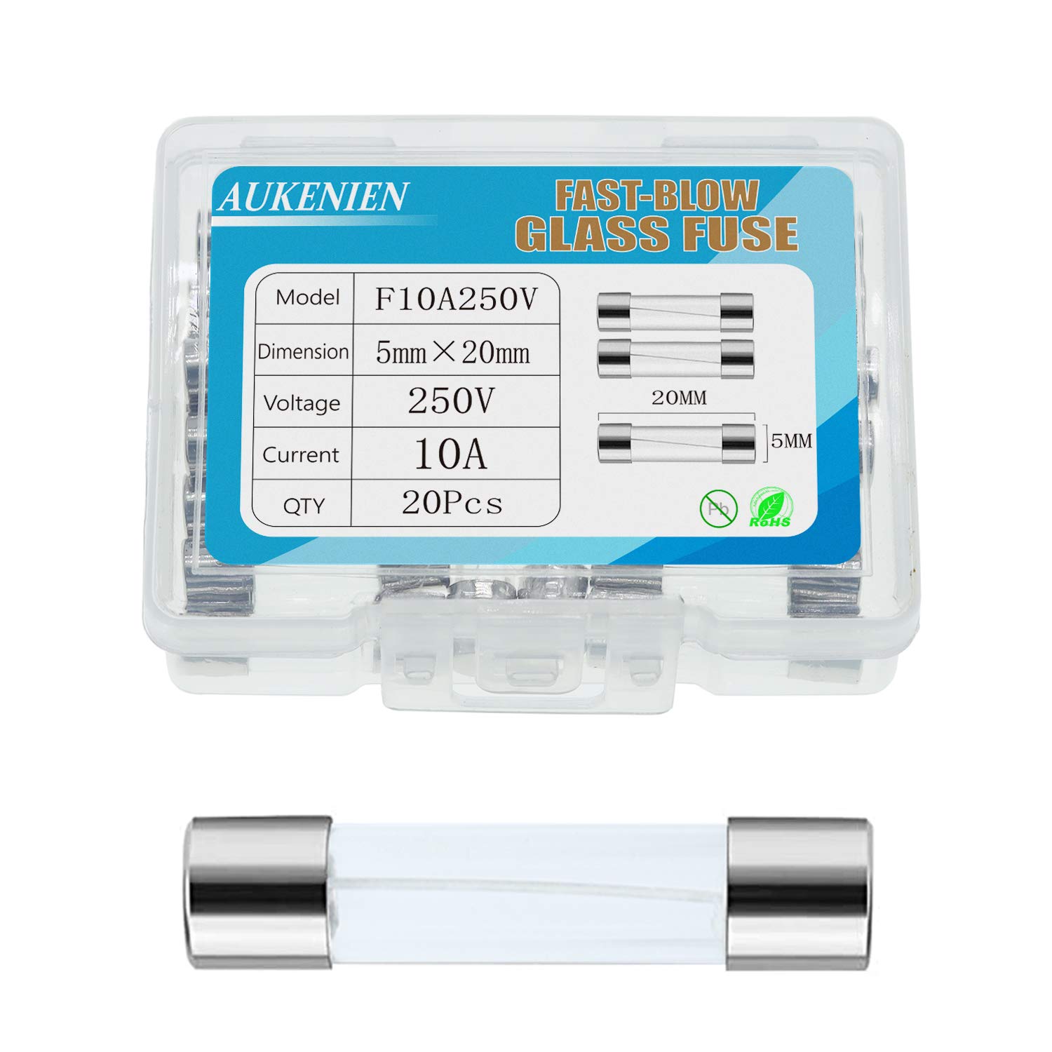 AUKENIEN 10A 250V Fast Blow Glass Fuse F10AL250V 10Amp 250 Volt Fuses 5x20 mm 0.2x0.78 inch Multiple Values Optional (Pack of 20)