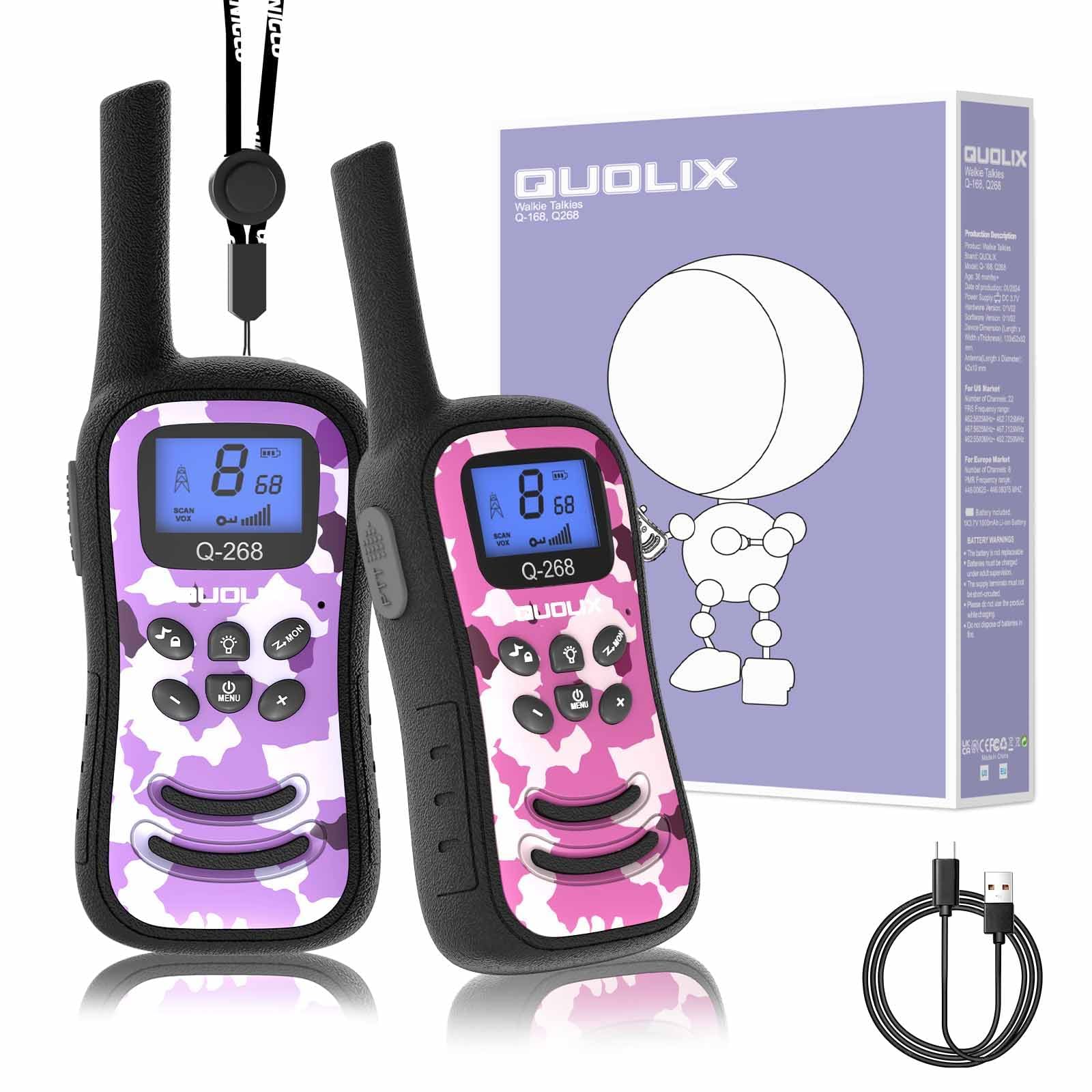 QUOLIX Kids Walkie Talkie, Rechargeable Kids Walkie Talkie, 3km Working Distance, 48 Hours Standby, VOX，8 Channels, Flashlight Function, Gift for Girls and Boys Aged 3-12 (2 Pack)