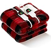 MAXEVE Electric Heated 84"x 90" Sherpa Buffalo Plaid Christmas Queen Blanket with Dual Controllers 8 Heating Levels & 8 Hours Auto Off, Fast Heating Warm Washable Blanket with ETL Certification, Red