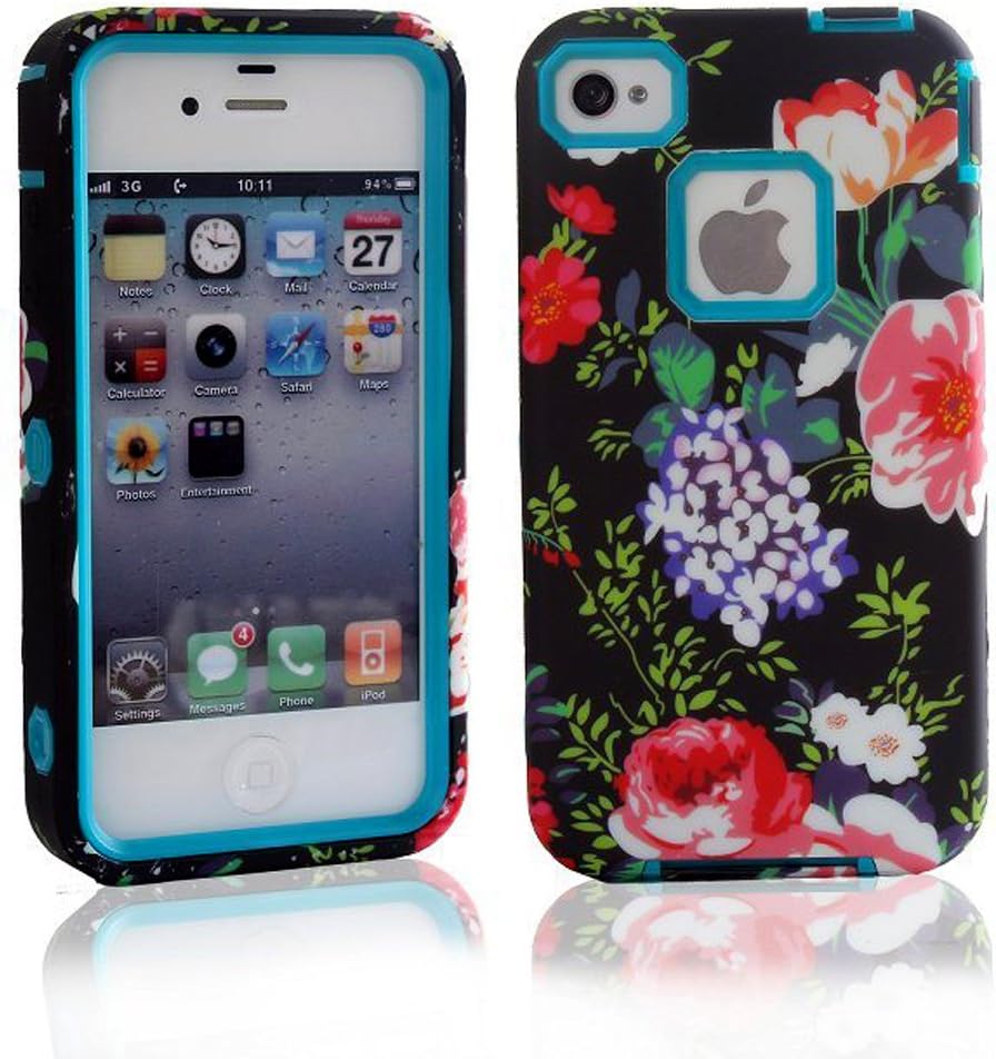 Meaci® Cellphone Case for Apple Iphone 4 4s Case 3 in 1 Pc & Soft Rubber Combo Hybrid with Luxury Flower Durable Floral Pattern Case (black and cyan rose)
