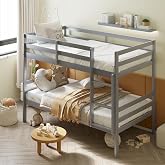 Giantex Bunk Bed Twin Over Twin, Solid Wood Bunk Bed with Sturdy Ladder &amp; 12 Inch Safety Guard Rails, Twin Size Wood Bed Frame for Dormitory, No Box Spring Needed, Bunk Beds for Kids Teens,Grey