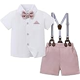 DISAUR Baby Boy Suit Set Toddler Boy Short Sleeves Shirt Suspender Pants Bowtie Outfit Gentleman Wedding Wear for 1-5 Years