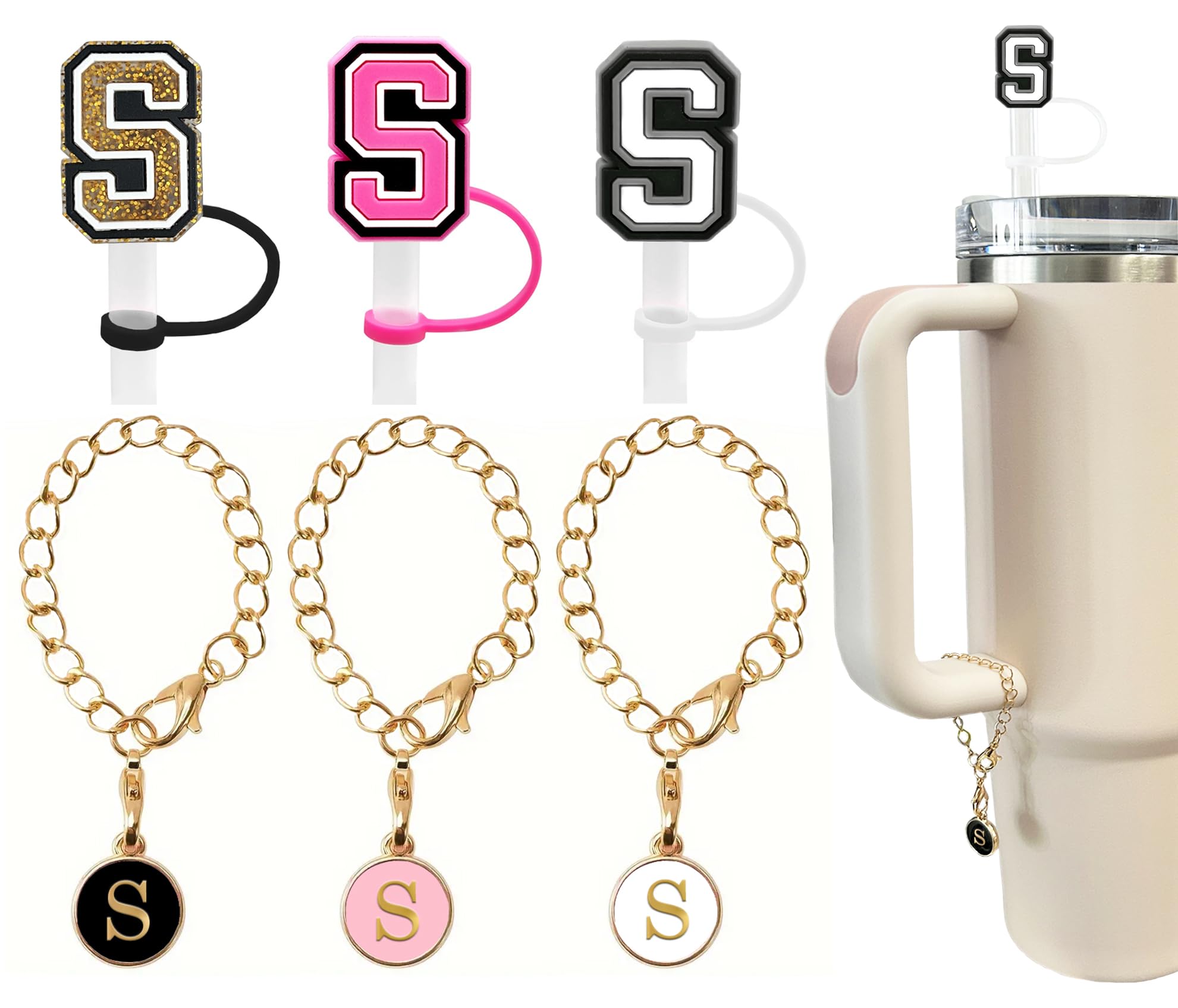 Photo 1 of ?3 +3) 3PCS Nuozme Straw Cover 10mm For Stanley Tumbler Cup Reusable Straw Cap Topper with 3 Initial Letter Charms Accessories Name ID Personalized Handle Charm For Stanley 30&40 Oz Cup Tumbler