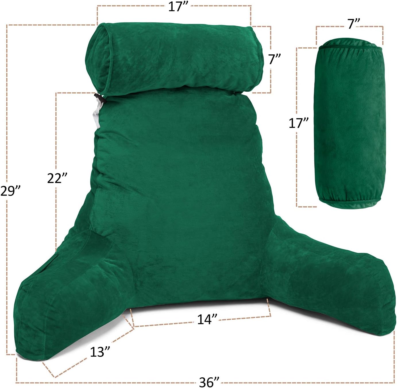 Clara Clark Bed Rest Reading Pillow with Arms and Pockets Premium Shredded Memory Foam, Detachable Neck Roll & Lumbar Support, Large, Hunter Green: Home & Kitchen