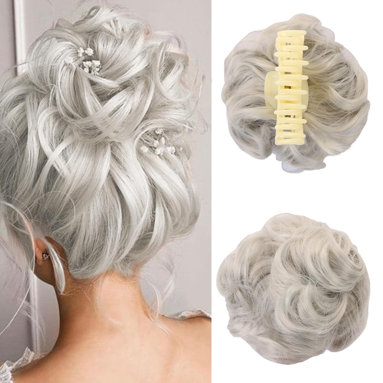 UHOMENY Large Messy Hair Bun Clip - Wavy Curly Synthetic Hair Extension with Claw Clip for Women's Ponytail (Grey)