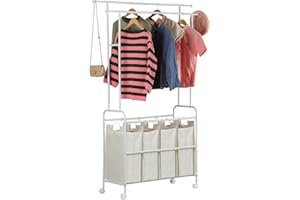 OGEMXU Laundry Sorter 4 Sections,Laundry Basket Organizer with Double Hanging Bars,Laundry Sorter Cart with Hanging Clothes Rack for Laundry Room for Bedroom Laundry Room Clothing Storage, White