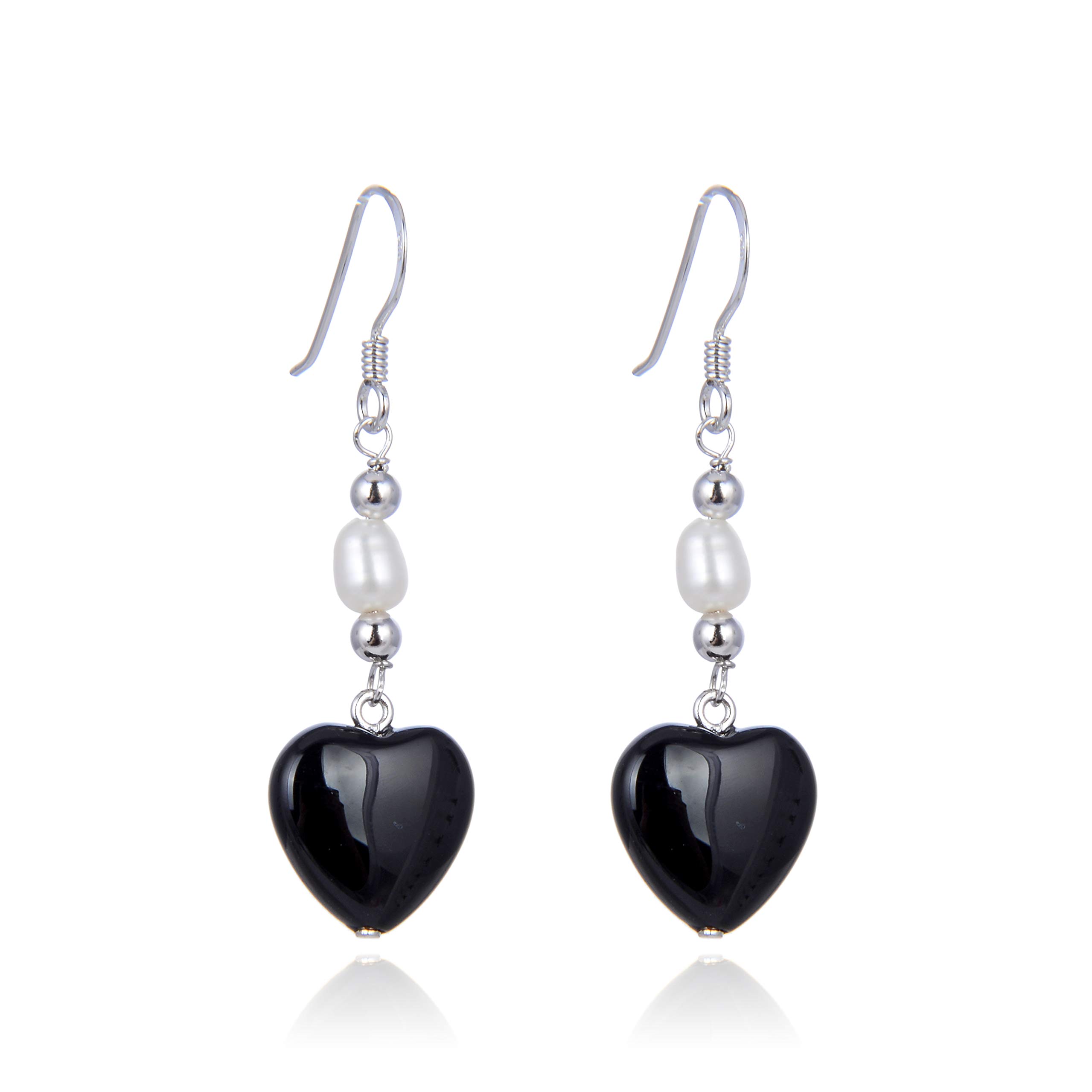 Jo & Co. Black Agate, Pearl and Sterling Silver Drop Earrings, Black Agate Heart, Sterling Silver Beads and White Oval-Shaped Freshwater Pearl, Rhodium-Plated 925 Sterling Silver, Attractively Priced