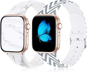 Floral Bands Compatible with Apple Watch Bands 38mm 40mm 42mm 44mm for Women, Soft Comfy Silicone Sports Band Marble Pattern Replacement Wristbands Strap for iWatch SE Series 6 5 4 3 2 1, 2 Pack