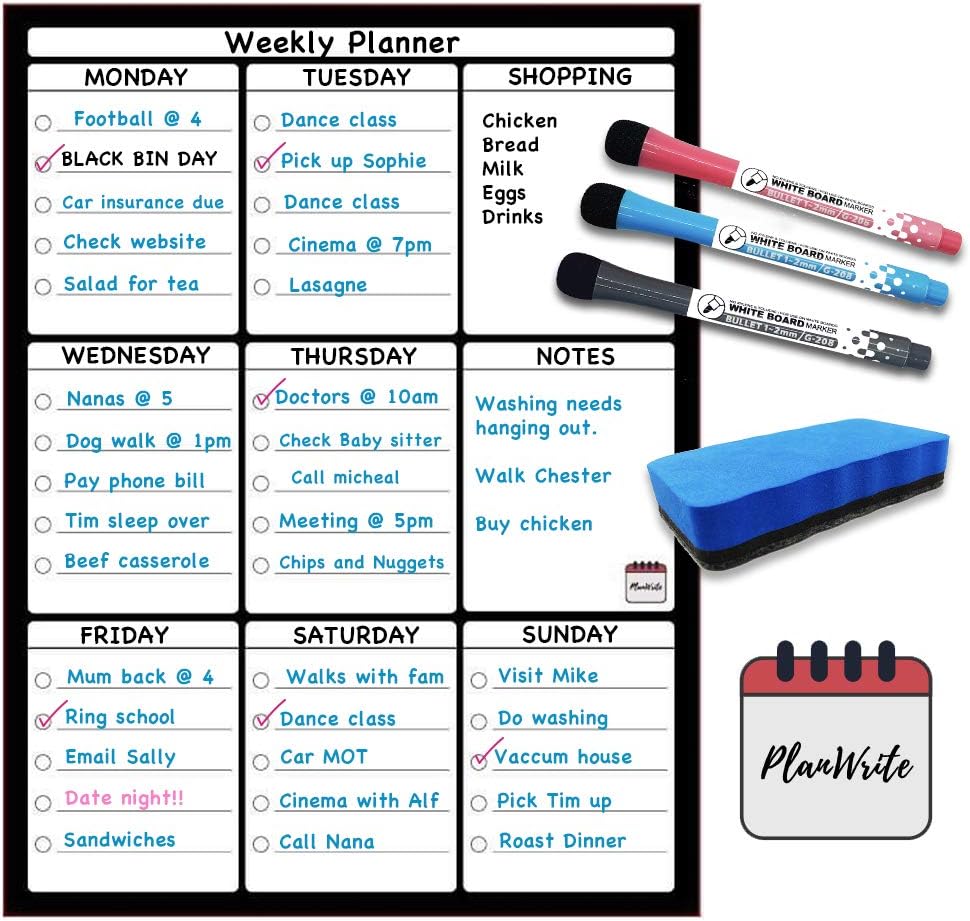 Magnetic Weekly Whiteboard Planner - Multi-Purpose Planner for Fridge - Reminders, Activities, Shopping List, Menu Planning, To Do List, Calendar - 3 Fine Tip Dry Erase Markers & Large Magnetic Eraser