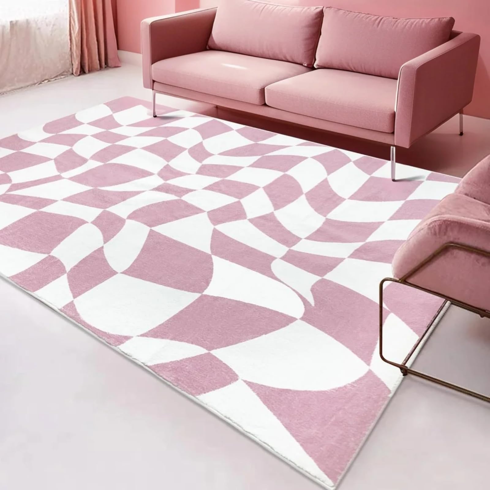 USTIDE Area Rug Modern Pink Checkered Rug for Living Room Bedroom Grid Area Rug Soft Washable Rug with Non-Slip Backing Large Indoor Carpet for Home Decor 120x180cm