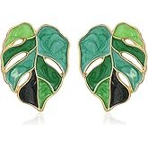 Watforsh Large Monstera Leaf Earrings for Women Boho Green Plant Stud Earrings for Tropical Jewelry