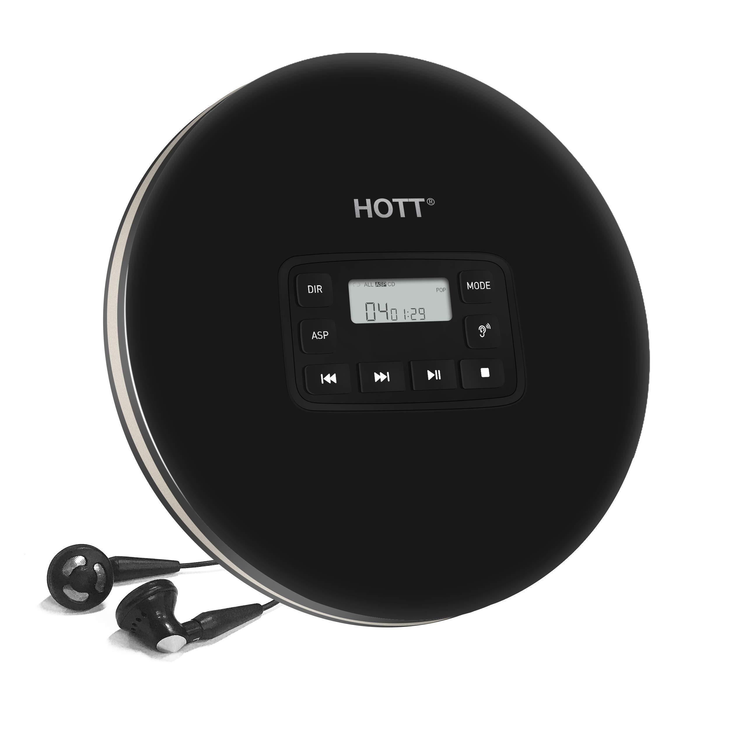 HOTT CD611 CD Player Portable Anti-Shock Personal Portable CD Player with Headphones USB AUX Output for Car Travel Home - Black