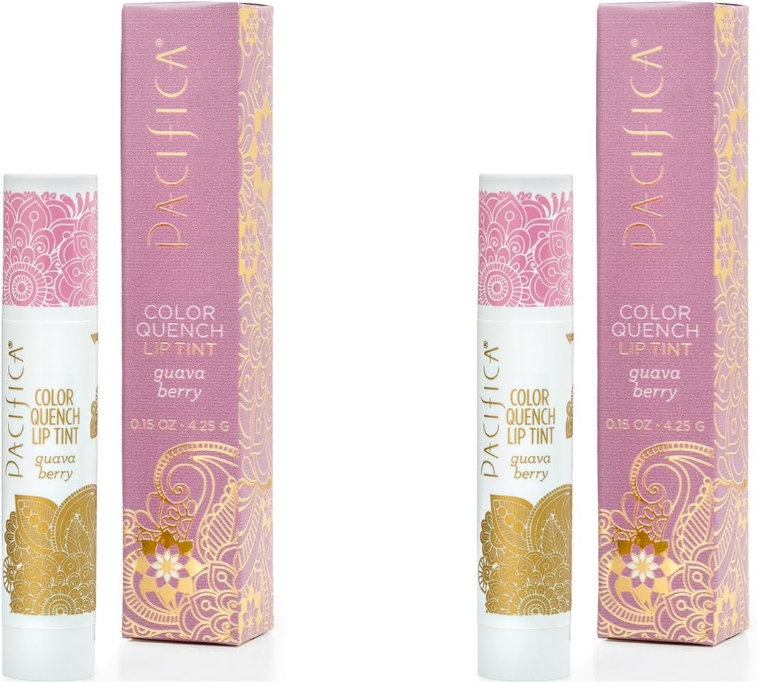Pacifica Guava Berry Color Quench Lip Tint (Pack of 2) with Coconut Oil, Soy Wax, Candelilla Wax, Cocoa Seed Butter, Avocado Oil and Rosemary Leaf Extract, 100% Vegan and Gluten-Free, 0.15 oz.