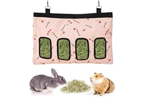 RMNHPTK Rabbit Hay Feeder Bag, Large Capacity Rabbit Hay Bag Small Animal Hanging Hay Bag 600D Oxford Cloth Bunny Hay Feeder Bag for Rabbits Guinea Pigs Chinchillas (Pink-4 Holes-1Pcs)