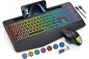 TRUEQUE Wireless Keyboard and Mouse with 9 Colored Backlit, Wrist Rest, Jiggler Mouse, Rechargeable Silent Ergonomic Light Up Keyboard Mouse Combo with Phone Holder for Windows, Mac, PC, Laptop (Black)