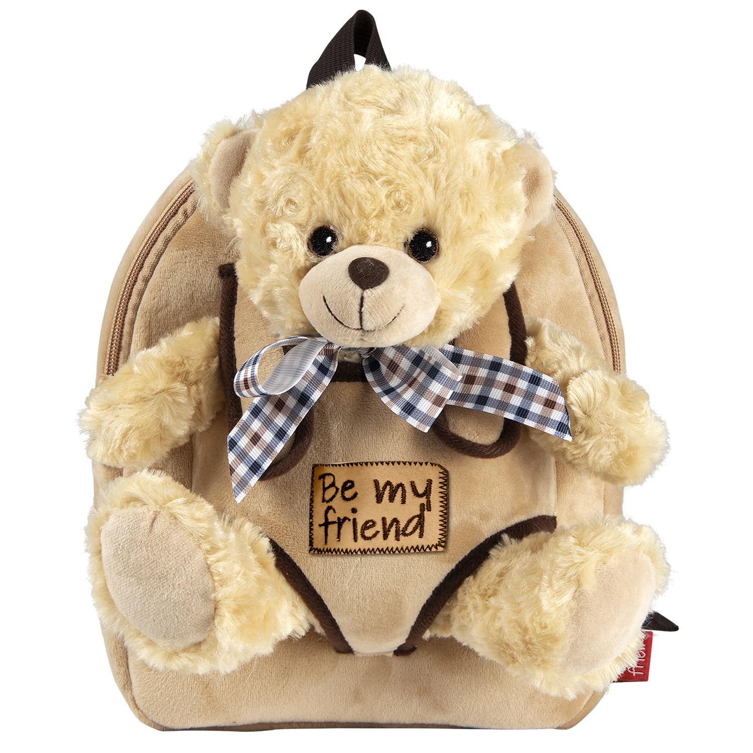 PERLETTI Plush Teddy Bear Backpack for Kids with Fluffy Stuffed Puppet - Toddler Children 3 4 5 Years Daypack for Kindergarten School - Baby Boy Girl Animal Handbag - 21x27x9 cm (Beige Bear with Bow)