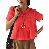 Women's Babydoll Tops Short Sleeve Lace Detail Blouses Flared Pleated Swing Sheer Mesh Shirts