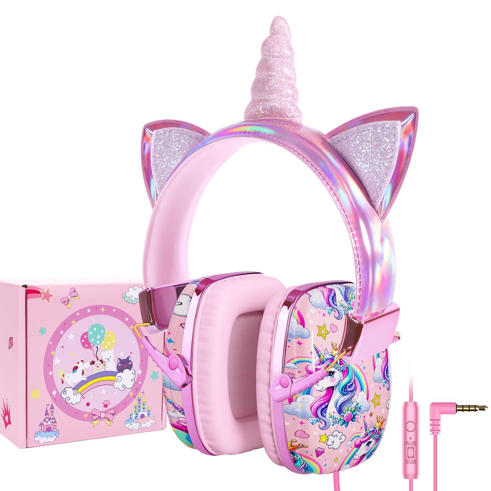 Photo 1 of TCJJ Unicorn Headphones for Girls to School, Kids Wired Headphones with Mic & 3.5mm Jack, Safe Volume 85/94dB,Noise Cancelling Over-Ear Headphone with Adjustable Headband for iPad/Smartphones-Pink