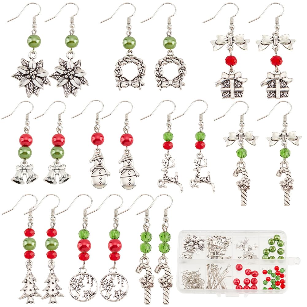 SUNNYCLUE 1 Box 10 Sets Christmas Themed Earring Making Kit Fashion Drop Dangle Earrings Christmas Charm Tree Snowman Snowflake Charms for Jewellery Making Kits Adult Beginner Starter DIY Supplies — image 1