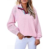 Astylish Women's V Neck Striped Shirt Trendy Long Sleeve Dressy Blouse Collared Henley Work Tops