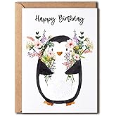 OystersPearl Penguin Birthday Card - Eco Recycled Card - Card For Her - Penguin Lover - Jungle Card - Anniversary - Kids Birthday, 5 x 7 inches
