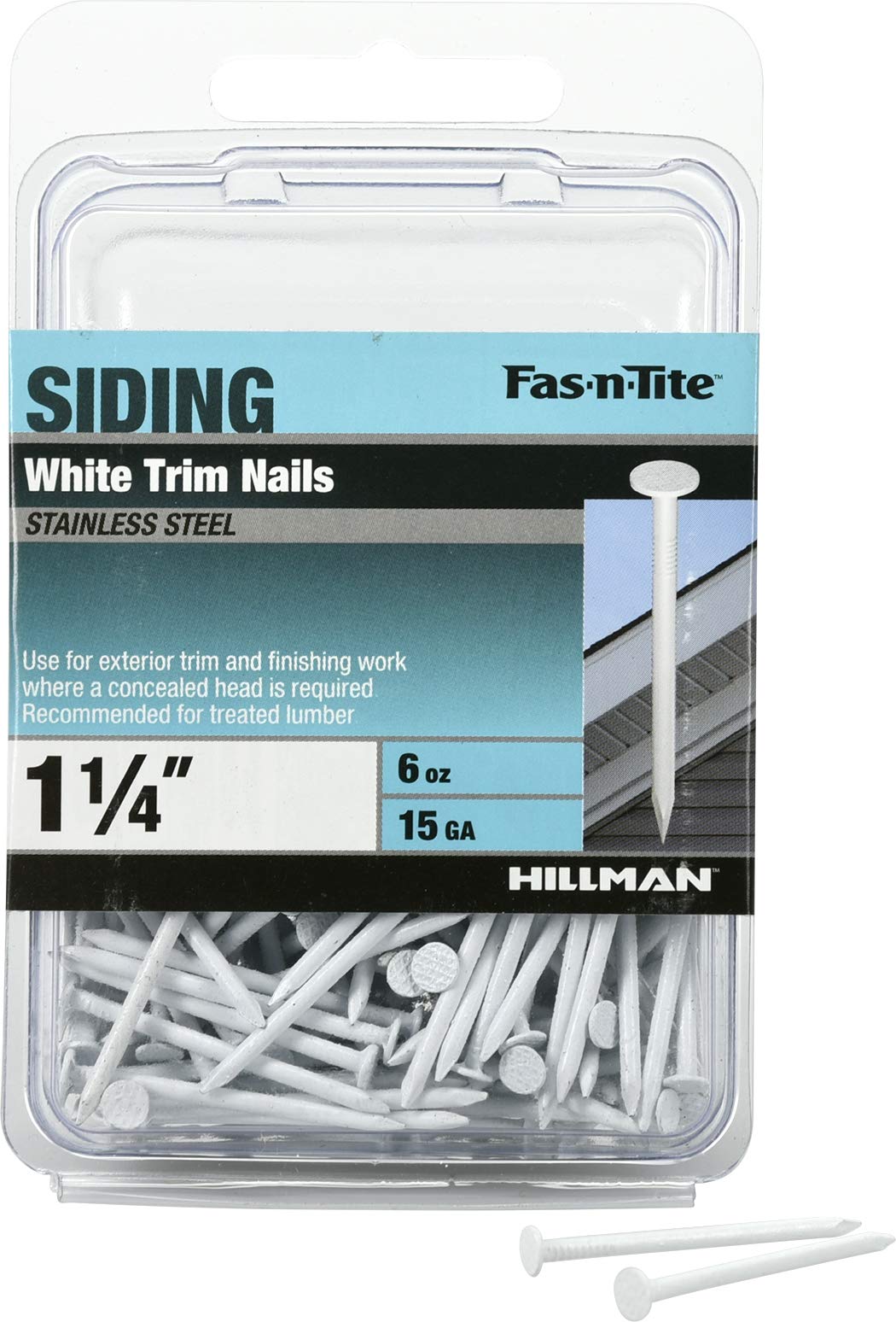 HILLMAN FASTENERS 461819 White Painted Stainless Steel Trim Nails, 6 oz/1.25 x 15, Silver