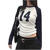 SHENHE Women's Y2k Number Graphic Fitted Crop T Shirts Color Block Long Sleeve Crew Neck Going Out Tees