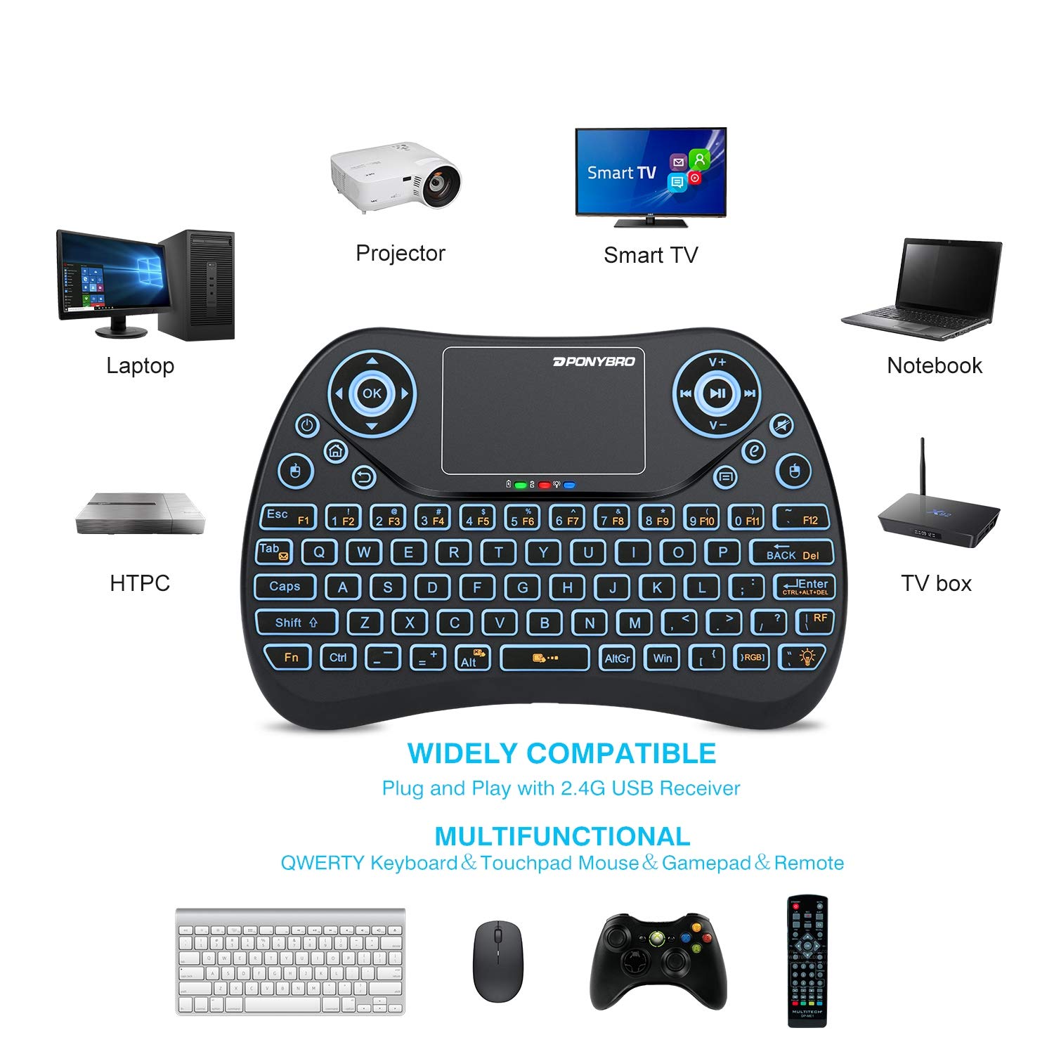 (Newest Version) PONYBRO Mini Wireless Keyboard with Touchpad Mouse,Backlit Remote Keyboard, Portable Handheld Keyboard Wireless Small Keyboard for Android,Windows,Mac OS,Linus.PC,TV,Notebooks.(MK1)