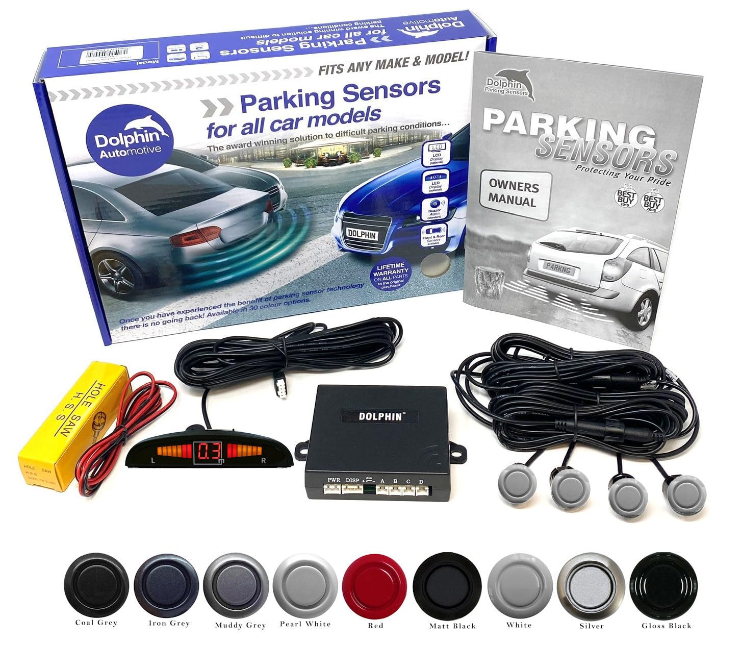 Dolphin Automotive DMS450 Micro Size Reverse Parking Sensors - 4 Rear Sensors, Display & Audio Alerts - Auto Express Award Winning Brand In 9 Colours (Pearl White)