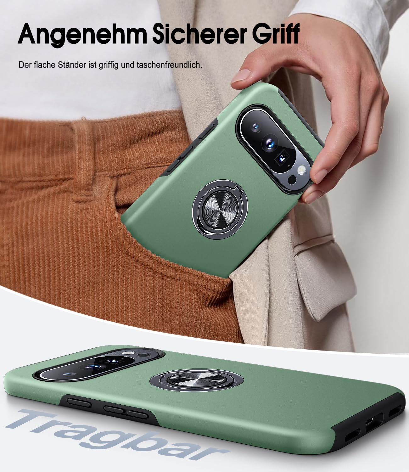 AOUIA für Google Pixel 10 Pro XL Hülle mit 2 Stück Schutzglas, 360°Ring Ständer, Stoßfeste Schutzhülle, 3-in-1 Handyhülle für Pixel 10 Pro XL, Grün 7