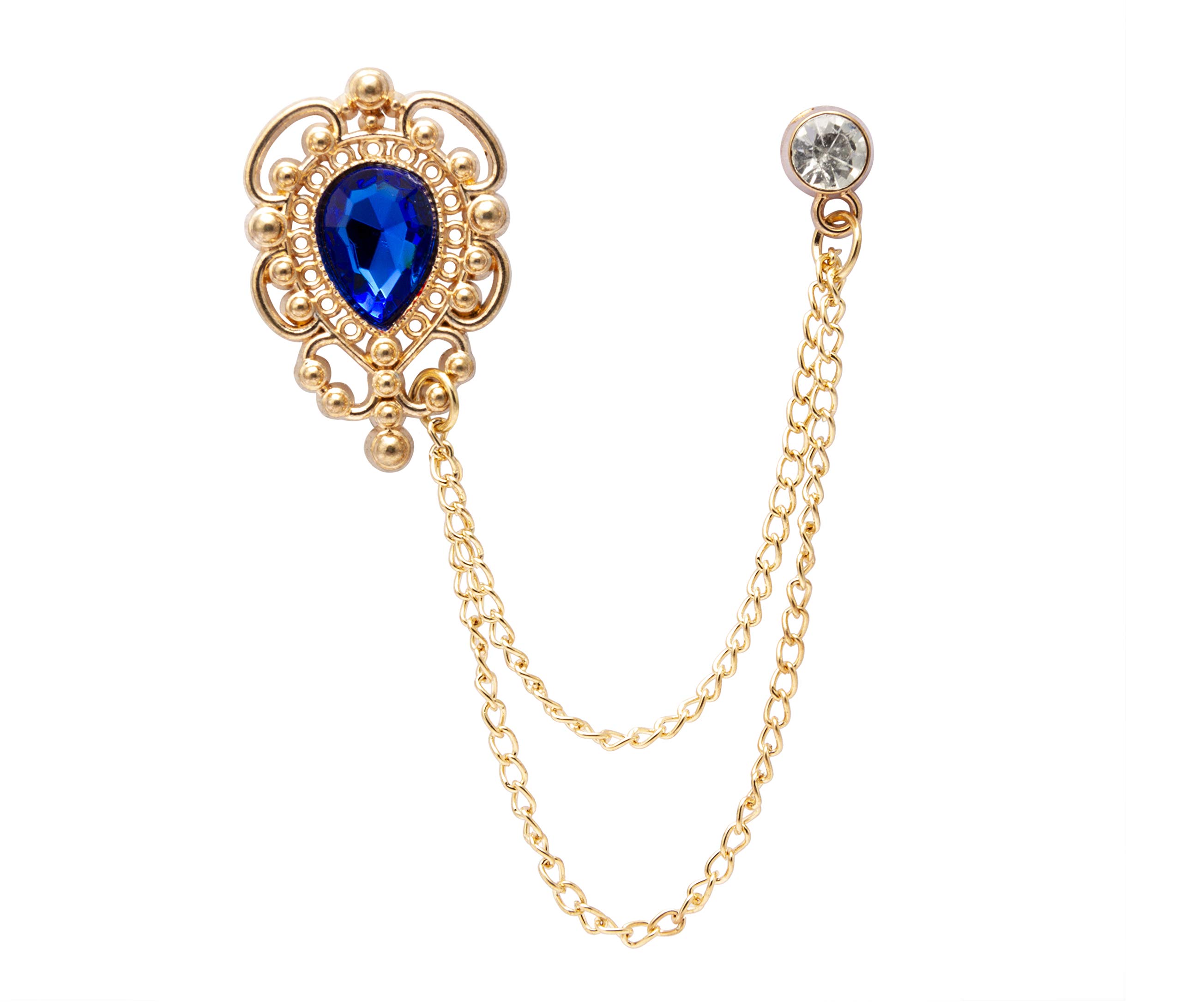 Brooch Lapel Pin for Men Royal Blue Stone with Gold Engraving Metal Crystal Chain Lapel Pin Badge Coat Suit Wedding Gift Party Shirt Collar Accessories