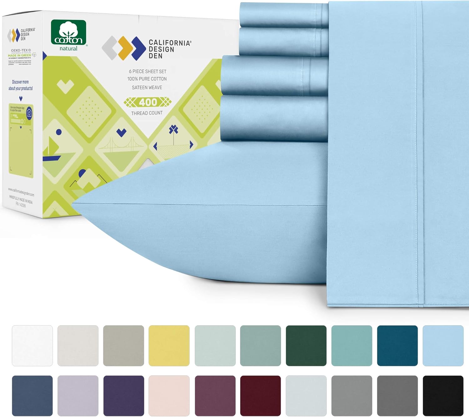 400-Thread-Count Sky Blue Queen Size Sheet Set - 100% Long Staple Combed Cotton 6 Piece Bedding Set, Sateen Weave Bed Sheets, Comfortable Deep Pocket Fits Mattress 16 Inches