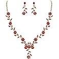 BriLove Women's Wedding Jewelry Leaf Cluster Flower Crystal Dangle Earrings Pendant Necklace Set for Bridal