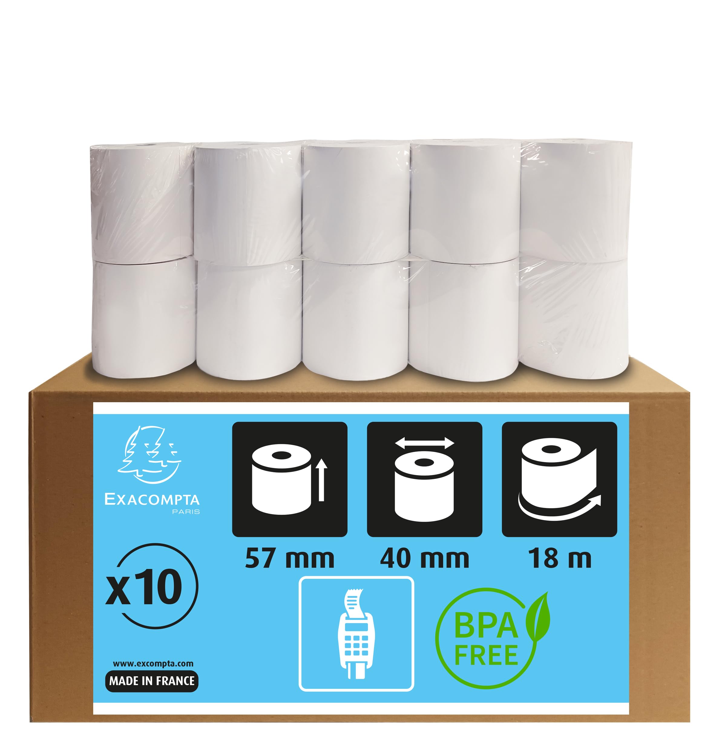 Exacompta - Ref 40339E - Credit Card Receipt Roll (Pack of 10 Rolls) - 57mm Width x 18m Length, Suitable for Shops, Kiosks, Cafés, Restaurants, Card Payments