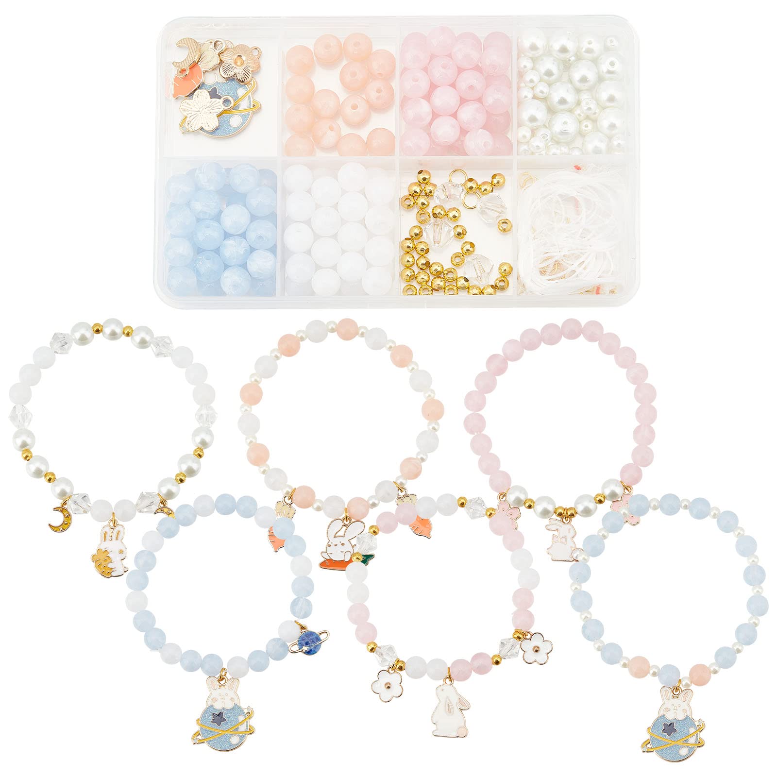 SUNNYCLUE 1 Box 241Pcs DIY 6 Set Easter Rabbit Charms Enamel Bunny Charms Beaded Bracelets Making Kit Carrot Planet Moon Crescent Charm Round Glass Beads Faceted Bead for Jewellery Making Beading Kits